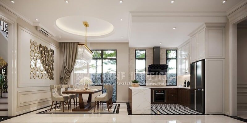 Thiết kế nội thất mở sang trọng từ phòng ăn liền bếp không vách ngăn.