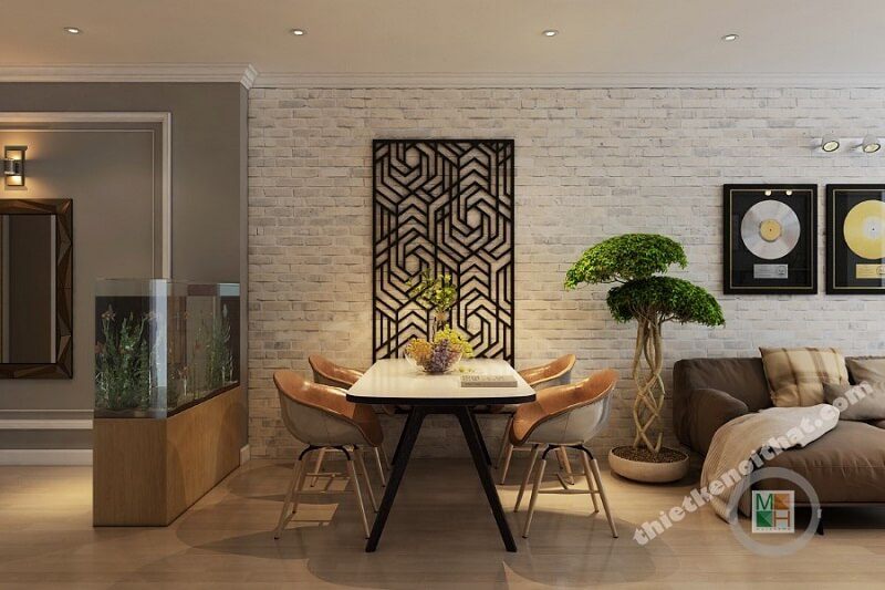 Thiết kế bàn ăn chung cư liền kề với phòng khách, không hề có vách ngăn tạo độ mở và liền mạch cho không gian.