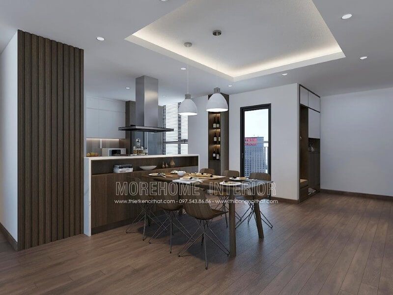 Bàn ăn gỗ công nghiệp có thiết kế đơn giản nhưng vẫn đẹp mắt.