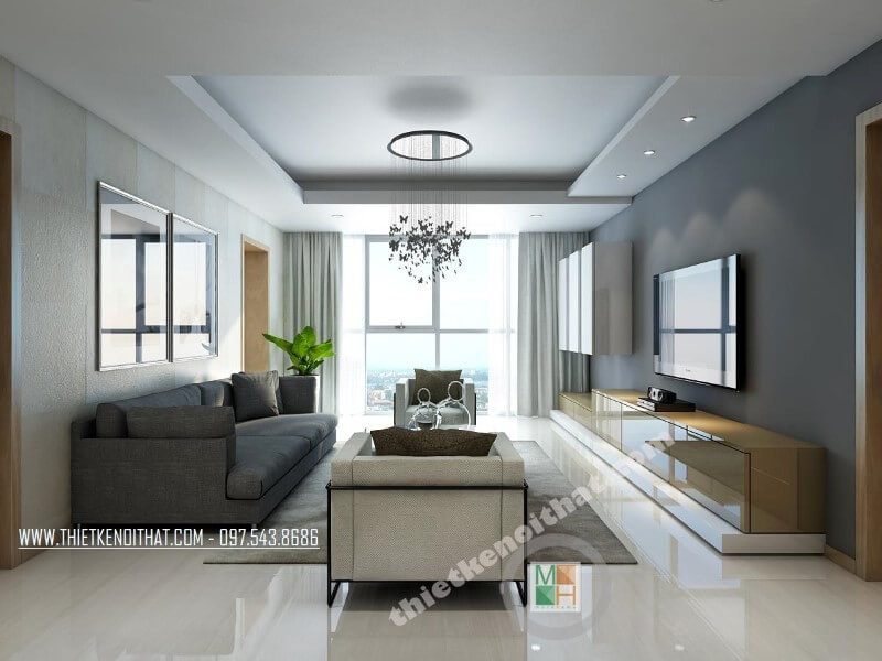 Mẫu thiết kế phòng khách chung cư hiện đại được tạo nên bởi sự kết hợp của bộ sofa bọc vải xám và trắng ấn tượng và các đồ nội thất nhỏ gọn, góp phần tạo nên không gian thoải mái.
