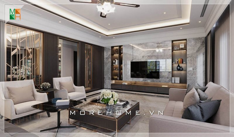 Mẫu vách ốp tivi phòng khách bằng đá nhân tạo vân mây xám cao cấp góp phần tạo nên sự sang trọng và hiện đại cho không gian phòng khách của các căn hộ chung cư, nhà phố và biệt thự.